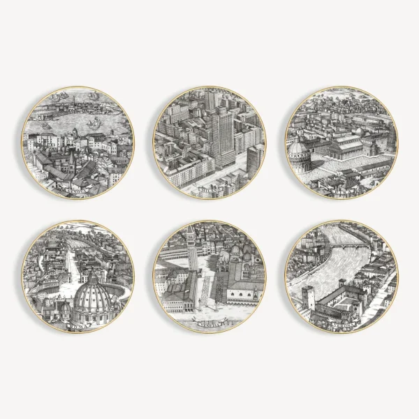 Fornasetti Set 6 Piatti Citta D'Italia^ Piatti Decorativi